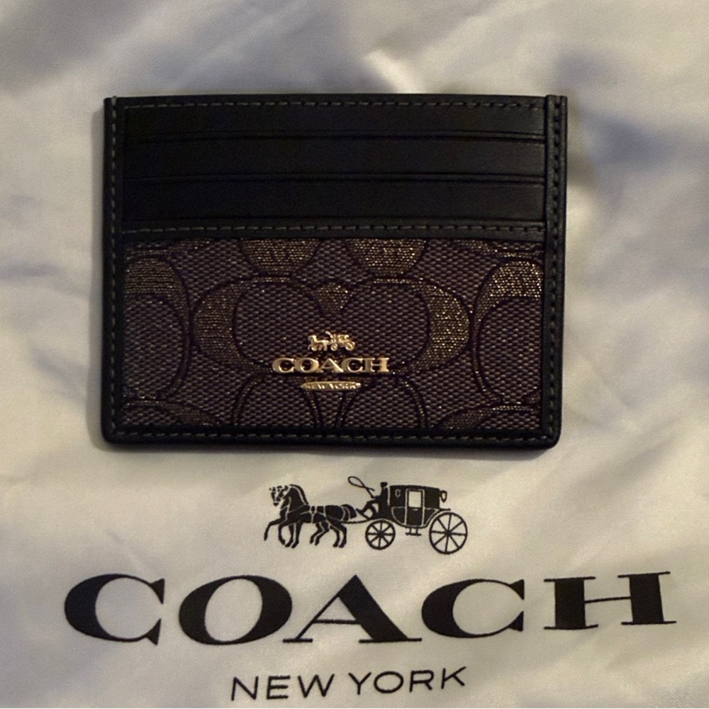 🖤Coach NWT Charcoal Gray and Metallic Gold Signature Jacquard credit Card Holder - Picture 3 of 7